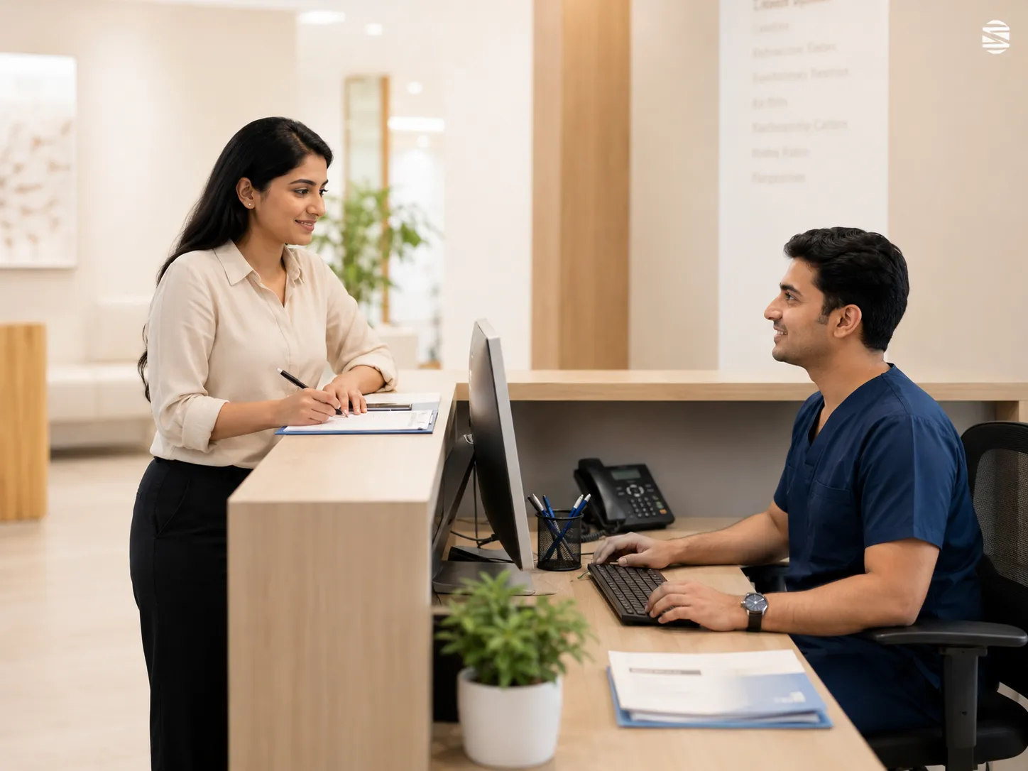 Appointment-led clinic front desk managing service bookings and billing