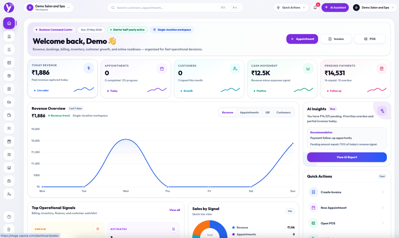Yepsta dashboard screenshot for business operations